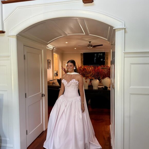 Nicole and Felicia Drop Waist Mikado Gown with Flower Detail - Picture 4 of 6